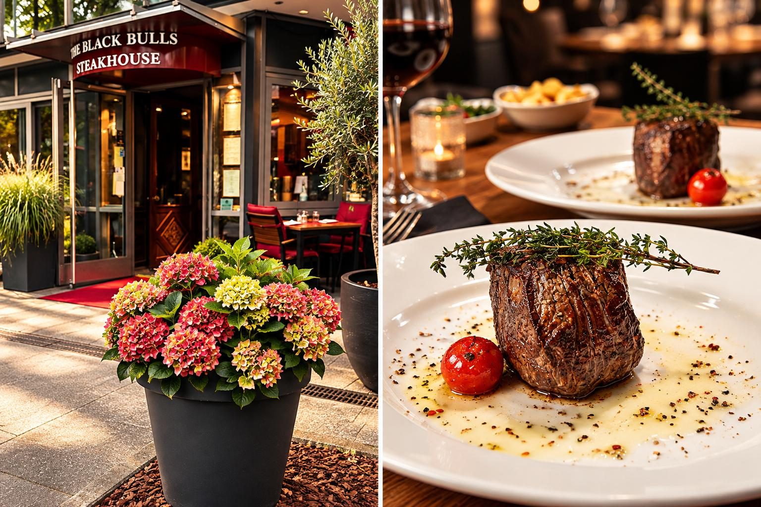 Eingang von The Black Bulls Steakhouse und ein Filet auf dem Teller