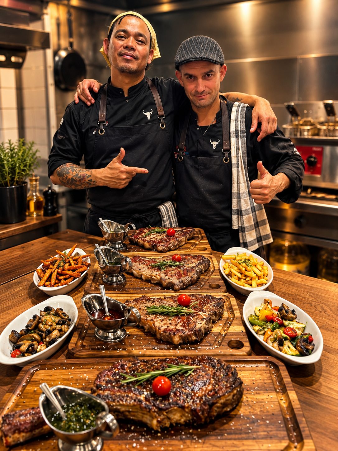 Zwei Köche in der Küche mit Steakbrettern