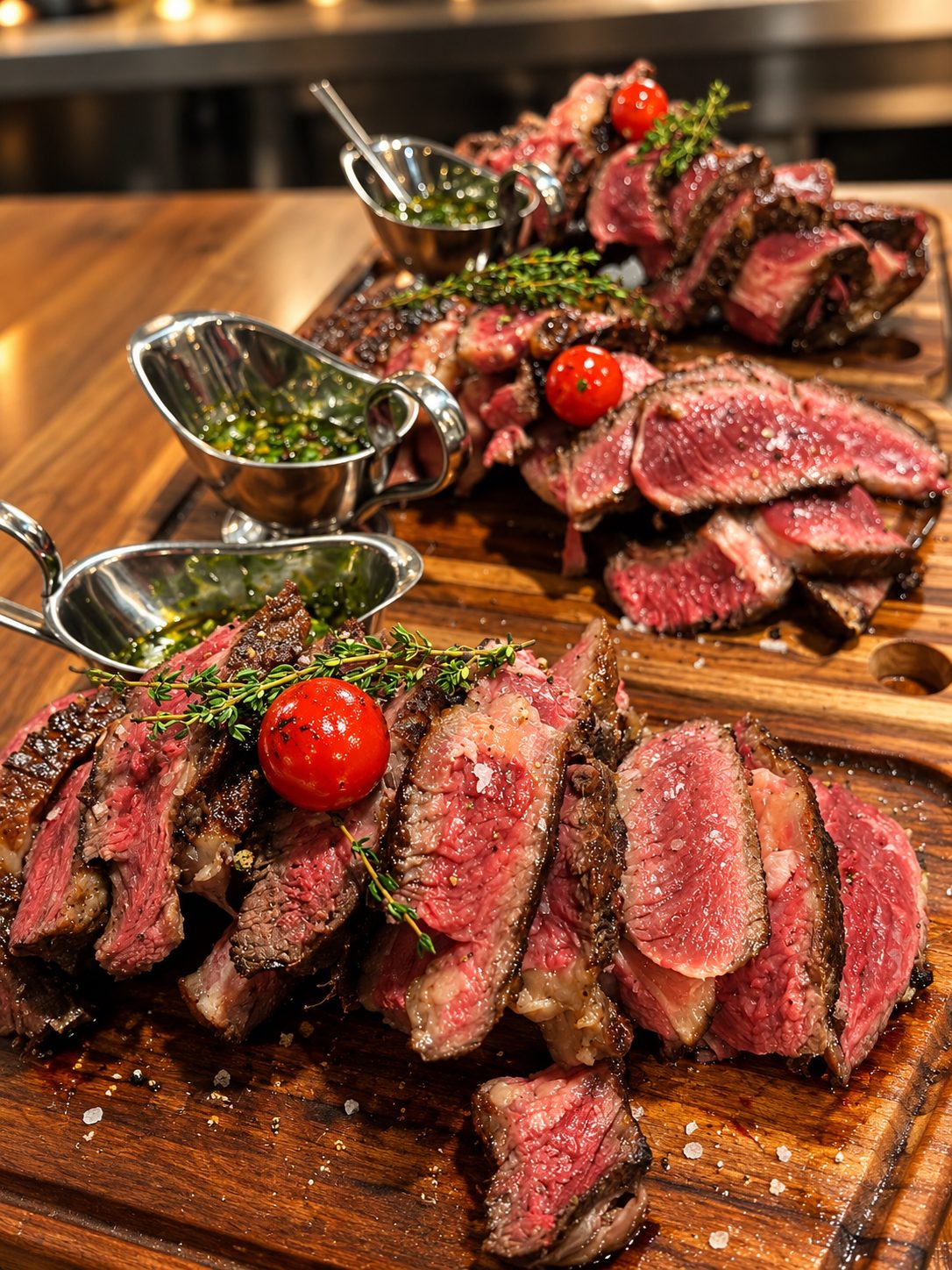 Aufgeschnittene Steaks mit Chimichurri auf einem Holzbrett